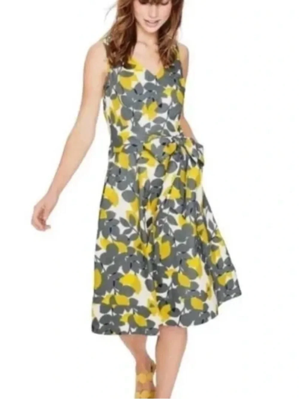 Boden Linen Blend Dress US 4/ UK 8 Yellow Lemon Print Fit & Flare Boho Italy